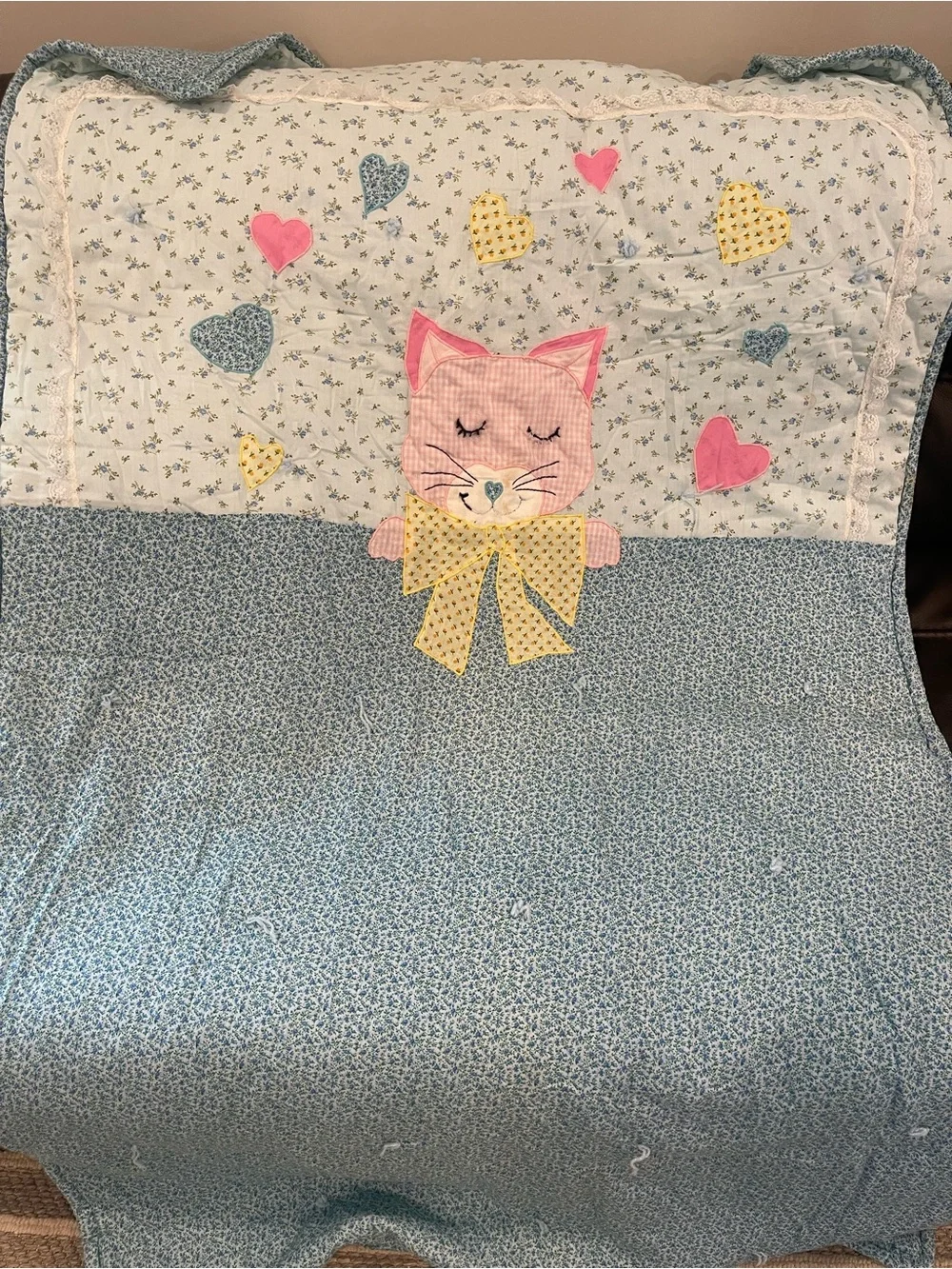 Children's Kitty Appliqué Quilt - Pink, Blue, Yellow 72x41